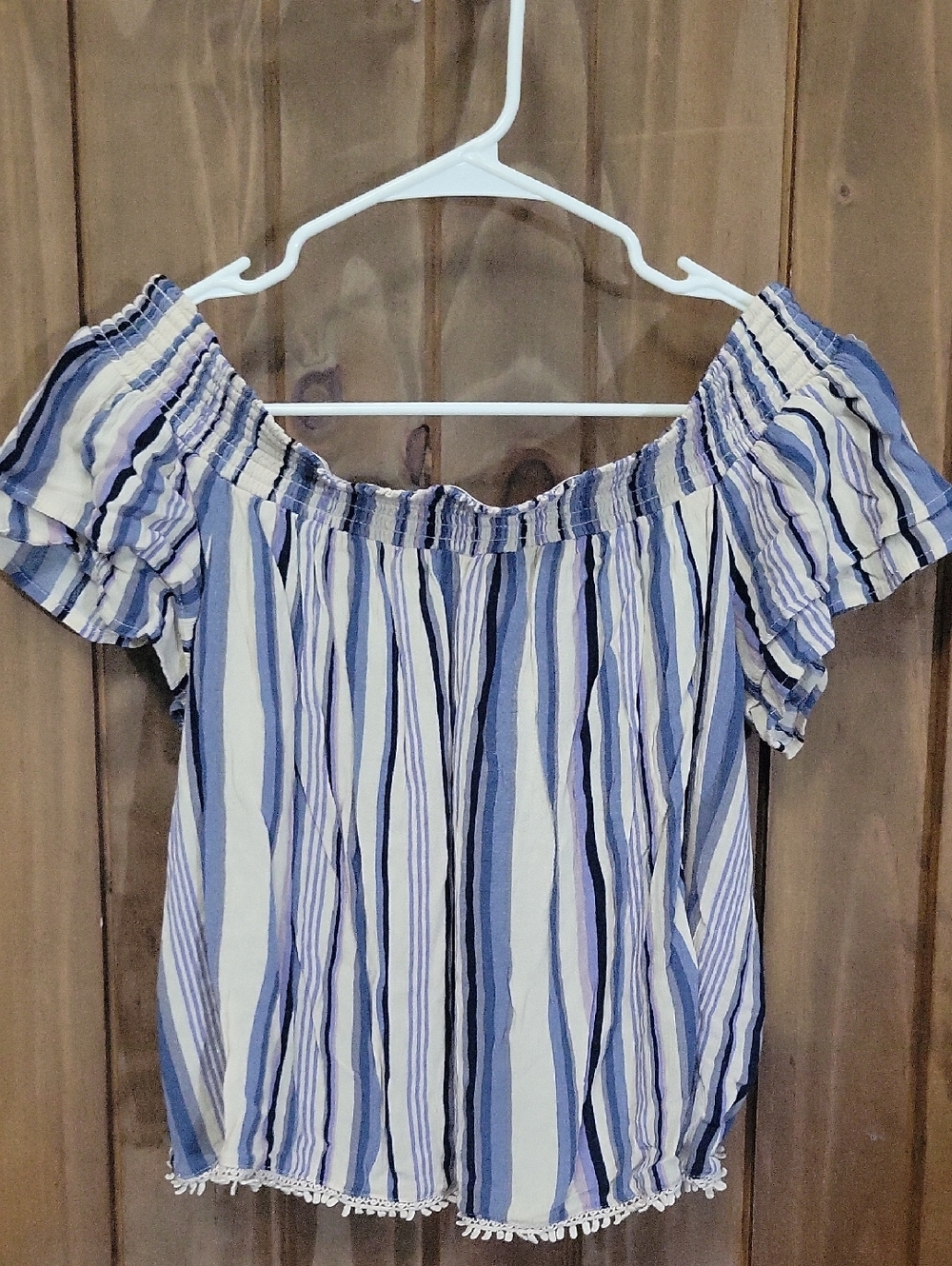Xhilaration Blue & White Striped Off-Shoulder Crop Top